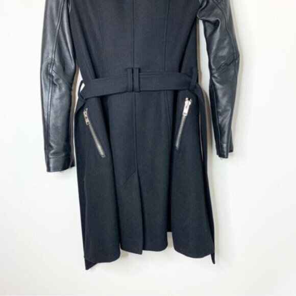 Aritzia Mackage Dale Wool Trench Coat Asymmetrical Leather Sleeves Black XXS - Picture 7 of 16